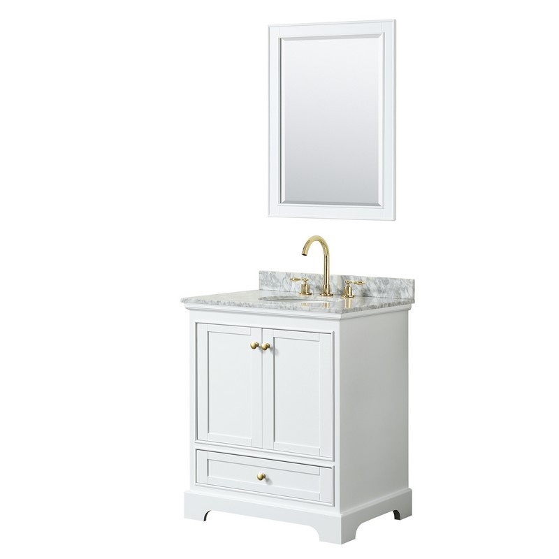 WYNDHAM COLLECTION WCS202030SWGCMUNOM24 DEBORAH 30 INCH SINGLE BATHROOM VANITY IN WHITE WITH WHITE CARRARA MARBLE COUNTERTOP, UNDERMOUNT OVAL SINK WITH BRUSHED GOLD TRIM AND 24 INCH MIRROR