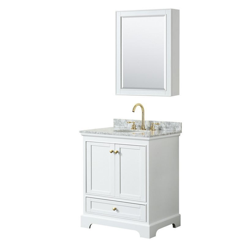 WYNDHAM COLLECTION WCS202030SWGCMUNOMED DEBORAH 30 INCH SINGLE BATHROOM VANITY IN WHITE WITH WHITE CARRARA MARBLE COUNTERTOP, UNDERMOUNT OVAL SINK, BRUSHED GOLD TRIM AND MEDICINE CABINET
