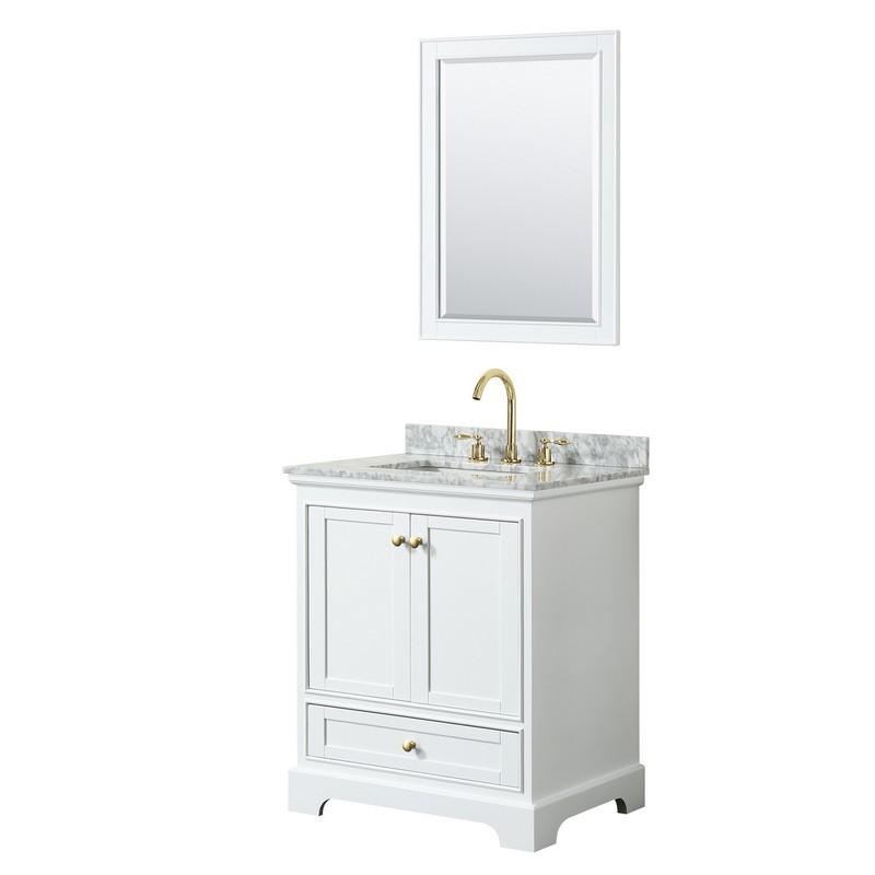 WYNDHAM COLLECTION WCS202030SWGCMUNSM24 DEBORAH 30 INCH SINGLE BATHROOM VANITY IN WHITE WITH WHITE CARRARA MARBLE COUNTERTOP, UNDERMOUNT SQUARE SINK WITH BRUSHED GOLD TRIM AND 24 INCH MIRROR