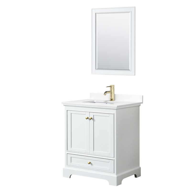 WYNDHAM COLLECTION WCS202030SWGWCUNSM24 DEBORAH 30 INCH SINGLE BATHROOM VANITY IN WHITE WITH WHITE CULTURED MARBLE COUNTERTOP, UNDERMOUNT SQUARE SINK WITH BRUSHED GOLD TRIM AND 24 INCH MIRROR