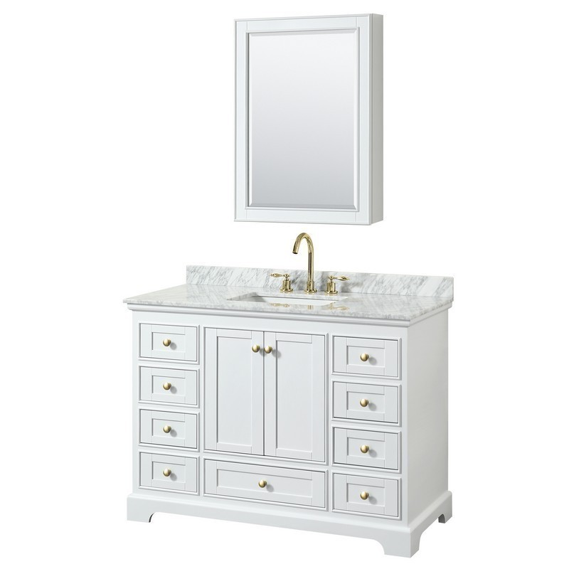 WYNDHAM COLLECTION WCS202048SWGCMUNSMED DEBORAH 48 INCH SINGLE BATHROOM VANITY IN WHITE WITH WHITE CARRARA MARBLE COUNTERTOP, UNDERMOUNT SQUARE SINK, BRUSHED GOLD TRIM AND MEDICINE CABINET
