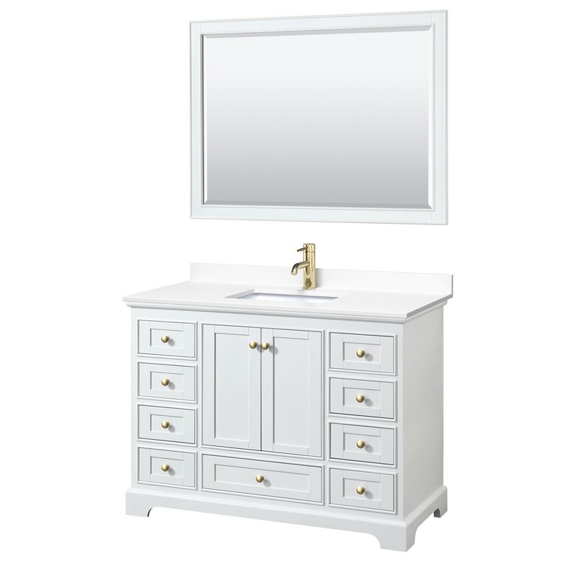 WYNDHAM COLLECTION WCS202048SWGWCUNSM46 DEBORAH 48 INCH SINGLE BATHROOM VANITY IN WHITE WITH WHITE CULTURED MARBLE COUNTERTOP, UNDERMOUNT SQUARE SINK, BRUSHED GOLD TRIM AND 46 INCH MIRROR