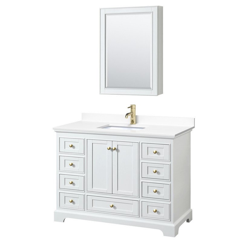 WYNDHAM COLLECTION WCS202048SWGWCUNSMED DEBORAH 48 INCH SINGLE BATHROOM VANITY IN WHITE WITH WHITE CULTURED MARBLE COUNTERTOP, UNDERMOUNT SQUARE SINK, BRUSHED GOLD TRIM AND MEDICINE CABINET