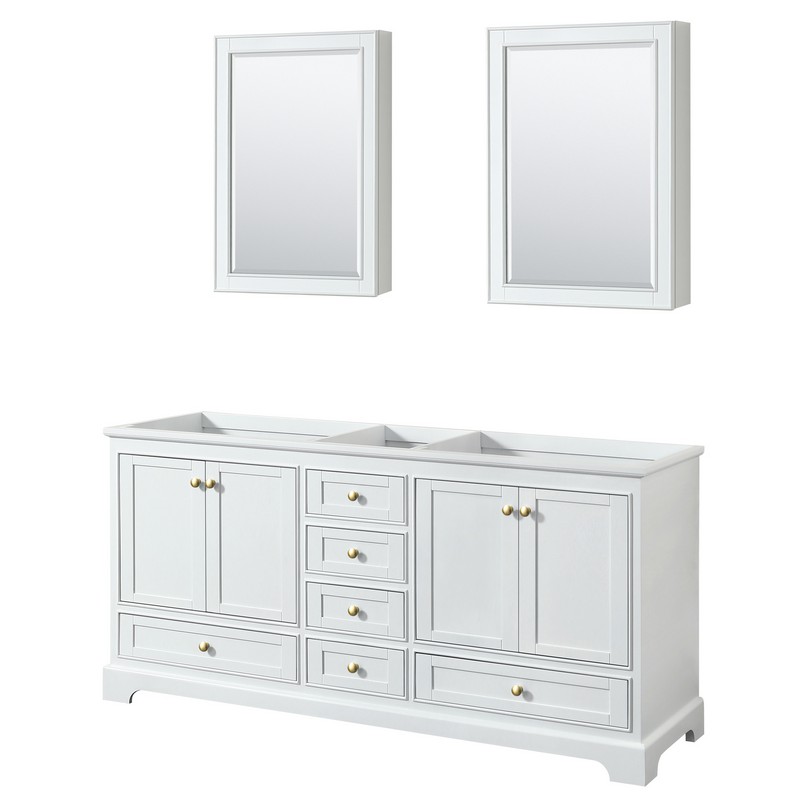 WYNDHAM COLLECTION WCS202072DWGCXSXXMED DEBORAH 72 INCH DOUBLE BATHROOM VANITY IN WHITE WITH BRUSHED GOLD TRIM AND MEDICINE CABINETS