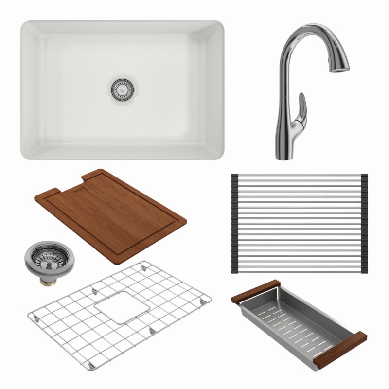 BOCCHI 1360-2024 KIT: 1360 SOTTO DUAL-MOUNT FIRECLAY 27 INCH SINGLE BOWL KITCHEN SINK WITH PROTECTIVE BOTTOM GRID AND STRAINER & WORKSTATION ACCESSORIES WITH PAGANO 2.0 FAUCET