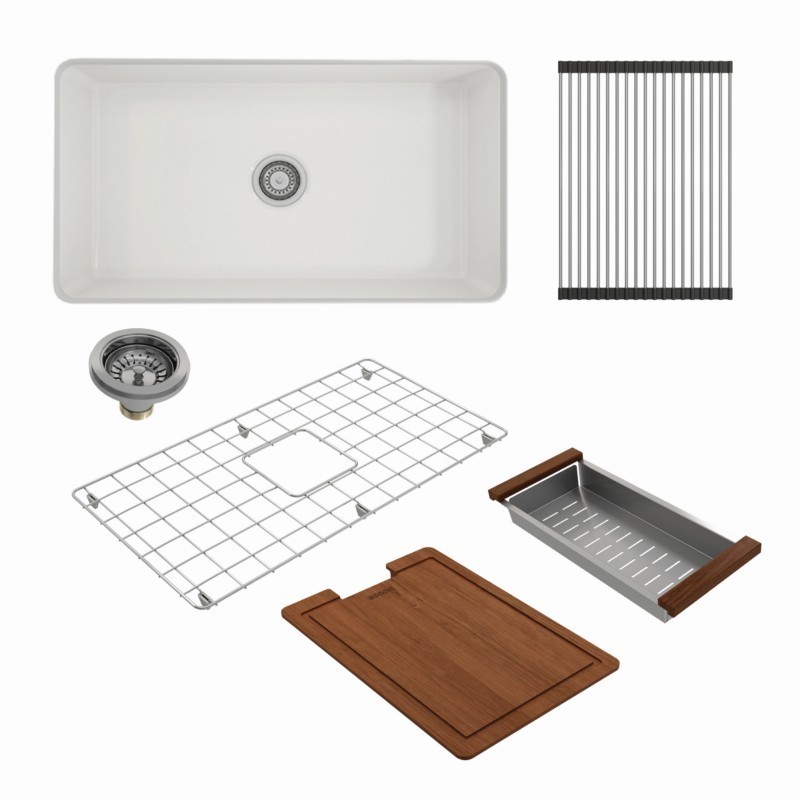 BOCCHI 1362-001-KIT1 KIT: 1362 SOTTO DUAL-MOUNT FIRECLAY 32 INCH SINGLE BOWL KITCHEN SINK WITH PROTECTIVE BOTTOM GRID AND STRAINER & WORKSTATION ACCESSORIES