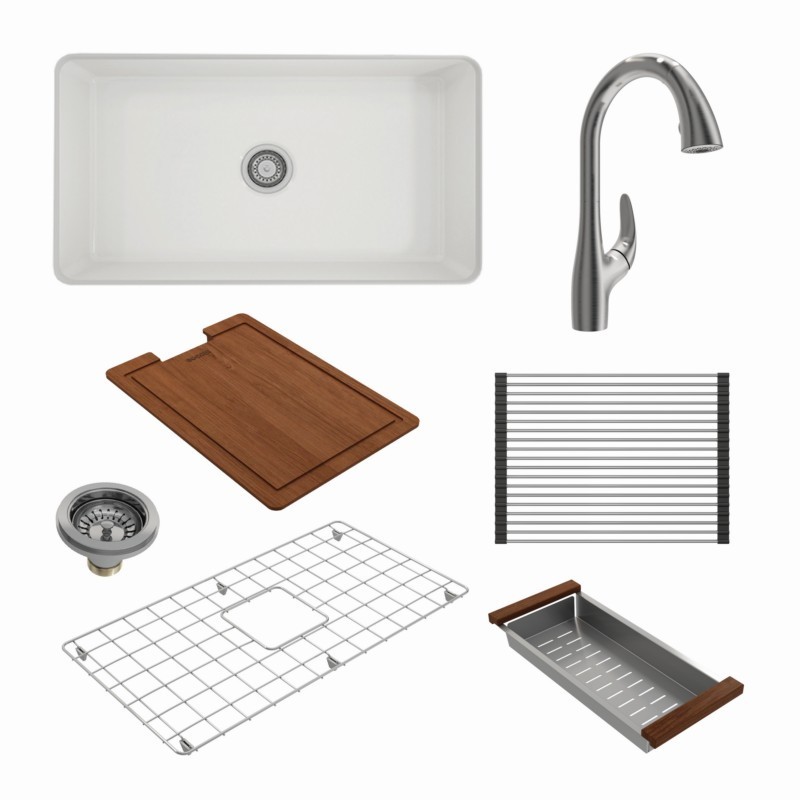 BOCCHI 1362-2024 KIT: 1362 SOTTO DUAL-MOUNT FIRECLAY 32 INCH SINGLE BOWL KITCHEN SINK WITH PROTECTIVE BOTTOM GRID AND STRAINER & WORKSTATION ACCESSORIES WITH PAGANO 2.0 FAUCET