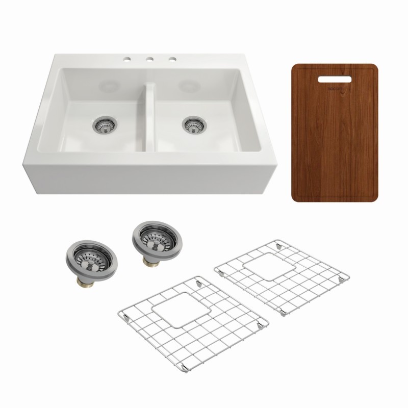 BOCCHI 1501-001-KIT1 KIT: 1501 NUOVA APRON FRONT DROP-IN FIRECLAY 34 INCH 50/50 DOUBLE BOWL KITCHEN SINK WITH PROTECTIVE BOTTOM GRIDS AND STRAINERS & CUTTING BOARD