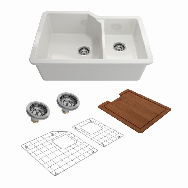 BOCCHI 1506-001-KIT1 KIT: 1506 SOTTO DUAL-MOUNT FIRECLAY 33 INCH 60/40 DOUBLE BOWL KITCHEN SINK WITH PROTECTIVE BOTTOM GRID AND STRAINER & SELECT WORKSTATION ACCESSORIES