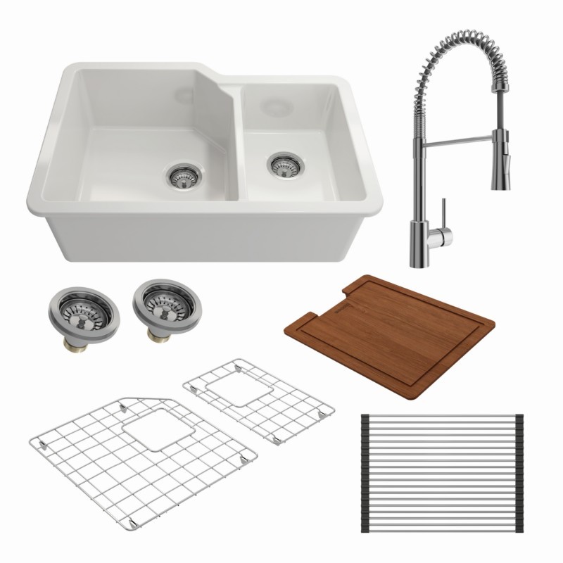 BOCCHI 1506-2020 KIT: 1506 SOTTO DUAL-MOUNT FIRECLAY 33 INCH 60/40 DOUBLE BOWL KITCHEN SINK WITH PROTECTIVE BOTTOM GRID AND STRAINER & SELECT WORKSTATION ACCESSORIES WITH LIVENZA 2.0 FAUCET
