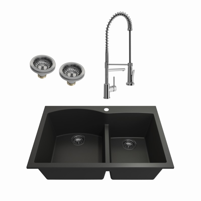 BOCCHI 1602-2019 KIT: 1602 CAMPINO DUO DUAL MOUNT GRANITE COMPOSITE 33 INCH 60/40 DOUBLE BOWL KITCHEN SINK & STRAINERS WITH MAGGIORE 2.0 FAUCET