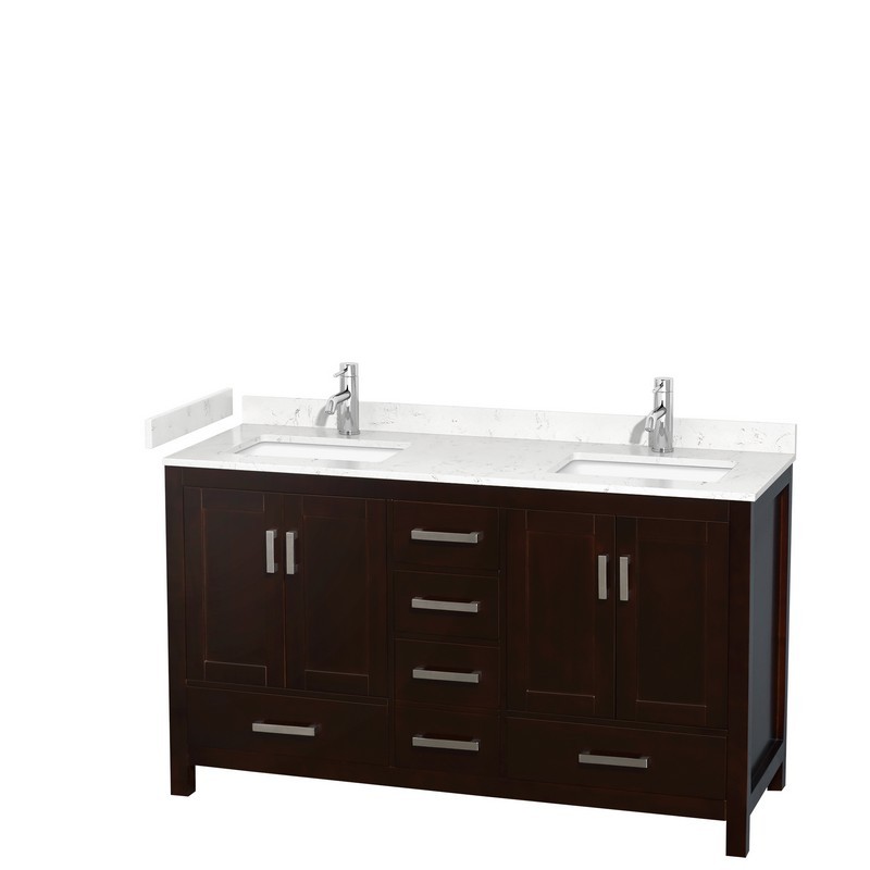 WYNDHAM COLLECTION WCS141460DESC2UNSMXX SHEFFIELD 60 INCH DOUBLE BATHROOM VANITY IN ESPRESSO WITH CARRARA CULTURED MARBLE COUNTERTOP AND UNDERMOUNT SQUARE SINKS