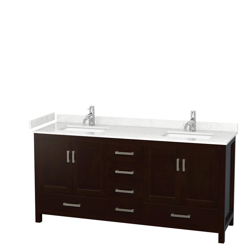 WYNDHAM COLLECTION WCS141472DESC2UNSMXX SHEFFIELD 72 INCH DOUBLE BATHROOM VANITY IN ESPRESSO WITH CARRARA CULTURED MARBLE COUNTERTOP AND UNDERMOUNT SQUARE SINKS