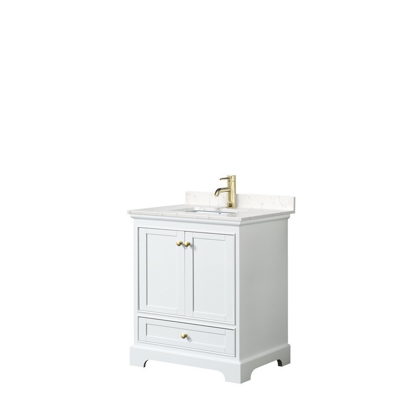 WYNDHAM COLLECTION WCS202030SWGC2UNSMXX DEBORAH 30 INCH SINGLE BATHROOM VANITY IN WHITE WITH CARRARA CULTURED MARBLE COUNTERTOP, UNDERMOUNT SQUARE SINK AND BRUSHED GOLD TRIM