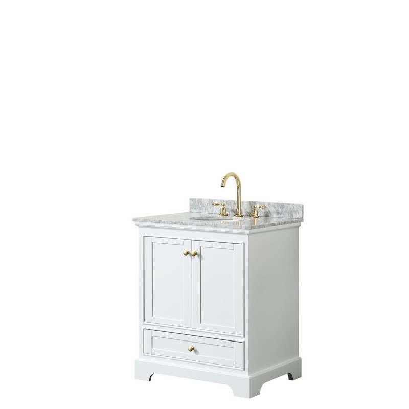 WYNDHAM COLLECTION WCS202030SWGCMUNOMXX DEBORAH 30 INCH SINGLE BATHROOM VANITY IN WHITE WITH WHITE CARRARA MARBLE COUNTERTOP, UNDERMOUNT OVAL SINK AND BRUSHED GOLD TRIM