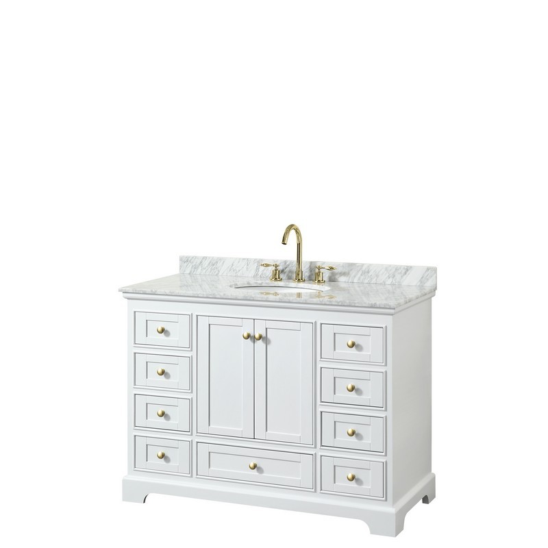 WYNDHAM COLLECTION WCS202048SWGCMUNOMXX DEBORAH 48 INCH SINGLE BATHROOM VANITY IN WHITE WITH WHITE CARRARA MARBLE COUNTERTOP, UNDERMOUNT OVAL SINK AND BRUSHED GOLD TRIM