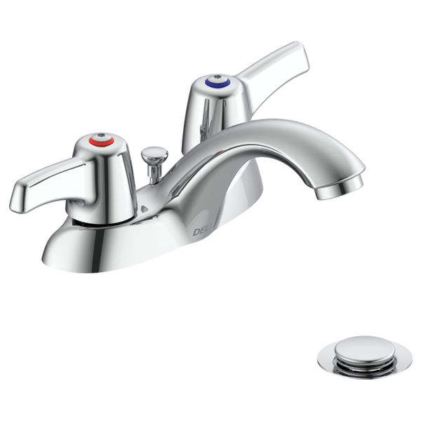 DELTA 21C243 COMMERCIAL 3 5/8 INCH THREE HOLES CENTERSET TWO HANDLES 1.5 GPM BATHROOM FAUCET WITH LEVER BLADE HANDLES AND POP-UP ASSEMBLY - CHROME