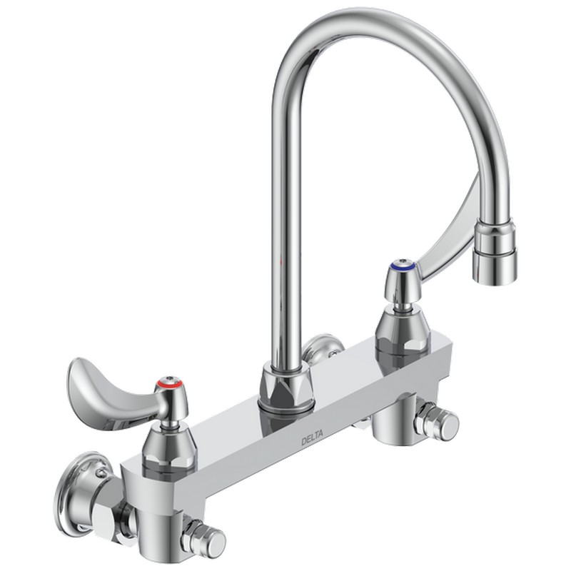 DELTA 28C6924 COMMERCIAL 12 INCH TWO HOLES WALL MOUNT ANTIMICROBIAL CERAMIC DISC KITCHEN FAUCET WITH BLADE HANDLES - CHROME