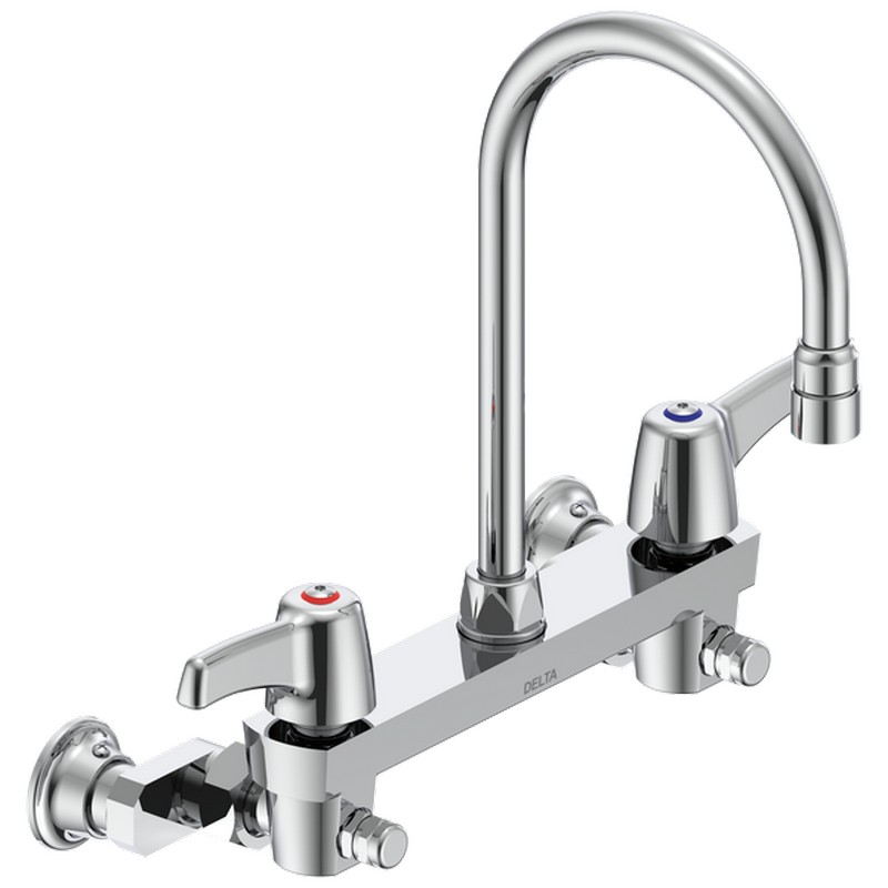 DELTA 28C6933-AC COMMERCIAL 12 7/8 INCH TWO HOLES WALL MOUNT CERAMIC DISC KITCHEN FAUCET WITH LEVER BLADE HANDLES - CHROME