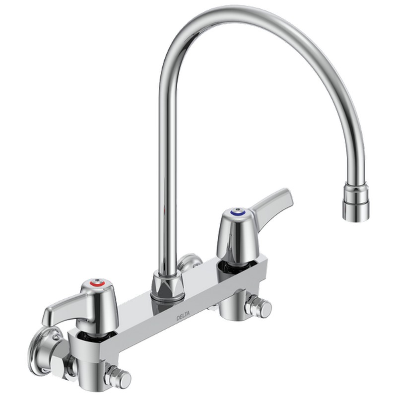 DELTA 28C6933-R7 COMMERCIAL 14 1/4 INCH TWO HOLES WALL MOUNT UTILITY KITCHEN FAUCET WITH LEVER BLADE HANDLES - CHROME