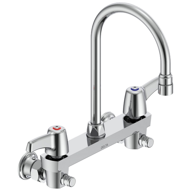 DELTA 28C6943 COMMERCIAL 12 INCH TWO HOLES WALL MOUNT CERAMIC DISC KITCHEN FAUCET WITH LEVER BLADE HANDLES - CHROME