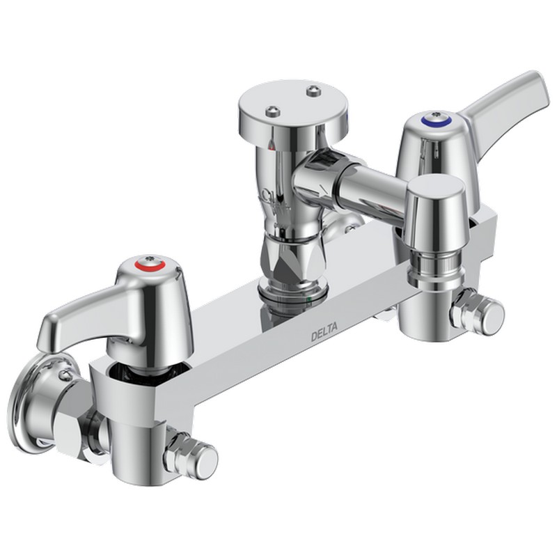DELTA 28C8083 COMMERCIAL 5 1/8 INCH TWO HOLES WALL MOUNT SHORT SPOUT CERAMIC DISC KITCHEN FAUCET WITH LEVER BLADE HANDLES - CHROME