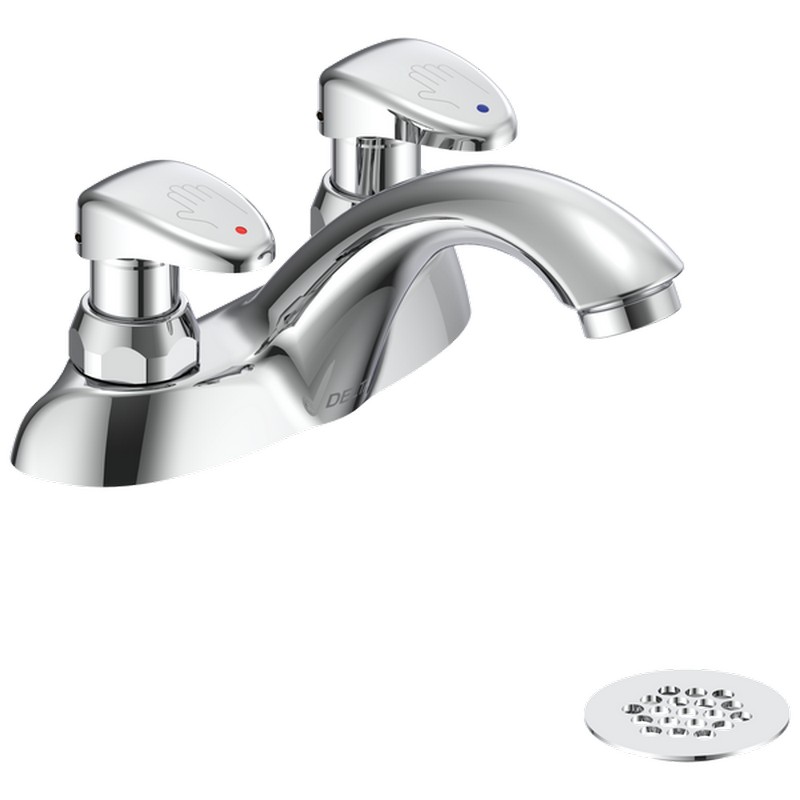 DELTA 86T1053 3 3/4 INCH THREE HOLES AND DOUBLE TIP HANDLES DECK MOUNT METERING BATHROOM FAUCET WITH METAL GRID STRAINER - CHROME