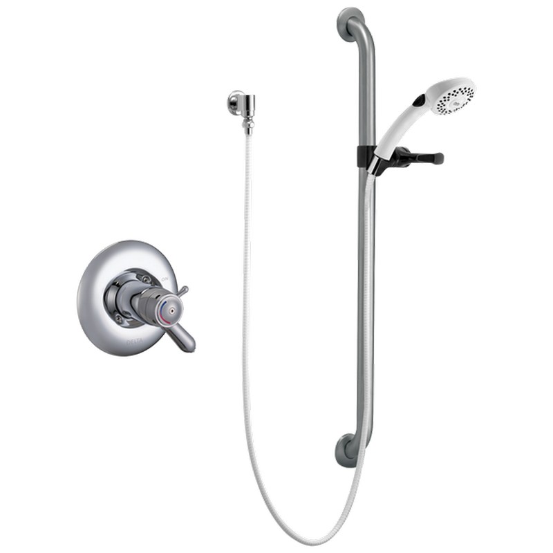 DELTA T17TH155-05 COMMERCIAL THERMOSTATIC HAND SHOWER VALVE TRIM ONLY WITH 26 INCH COMBO GRAB AND SLIDE BAR, TWO METAL LEVER HANDLES AND SINGLE FUNCTION HAND SHOWER - CHROME
