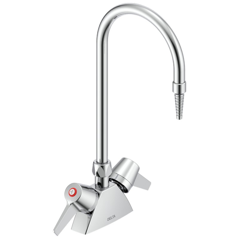 DELTA W6700-C COMMERCIAL 14 3/4 INCH TWO HOLE DECK MOUNT CENTERSET LABORATORY FAUCET WITH GOOSENECK SPOUT AND TWO LEVER HANDLE SERRATED NOZZLE - CHROME