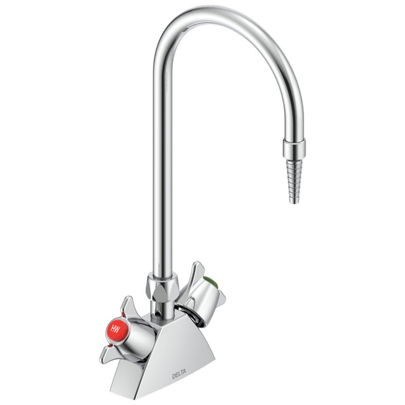 DELTA W6700 COMMERCIAL 14 3/4 INCH TWO HOLE DECK MOUNT GOOSENECK LABORATORY MIXING FAUCET WITH TWO LEVER BLADE HANDLE - CHROME