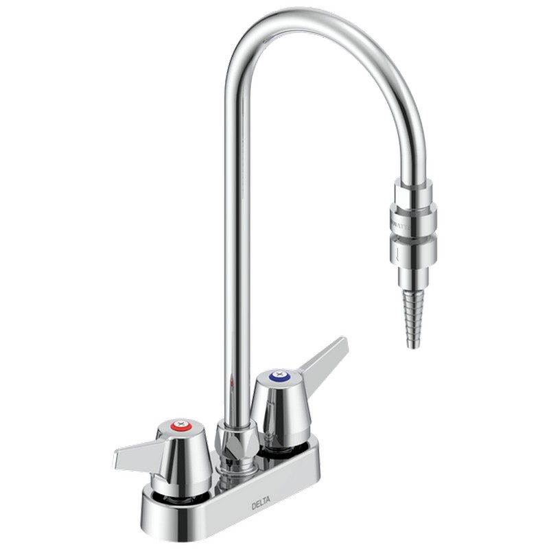DELTA W6720-9-C COMMERCIAL 14 7/8 INCH TWO HOLE DECK MOUNT GOOSENECK LABORATORY FAUCET WITH TWO LEVER BLADE HANDLES AND SERRATED NOZZLE - CHROME