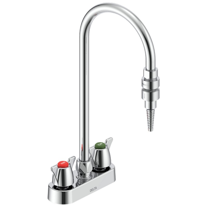 DELTA W6720-9 COMMERCIAL 14 7/8 INCH TWO HOLE DECK MOUNT GOOSENECK LABORATORY MIXING FAUCET WITH TWO LEVER BLADE HANDLES AND SERRATED NOZZLE - CHROME