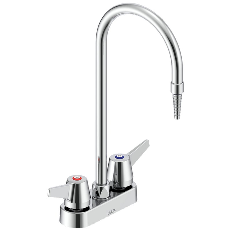 DELTA W6720-C COMMERCIAL 14 7/8 INCH TWO HOLE DECK MOUNT GOOSENECK LABORATORY FAUCET WITH TWO LEVER HANDLE AND SERRATED NOZZLE - CHROME