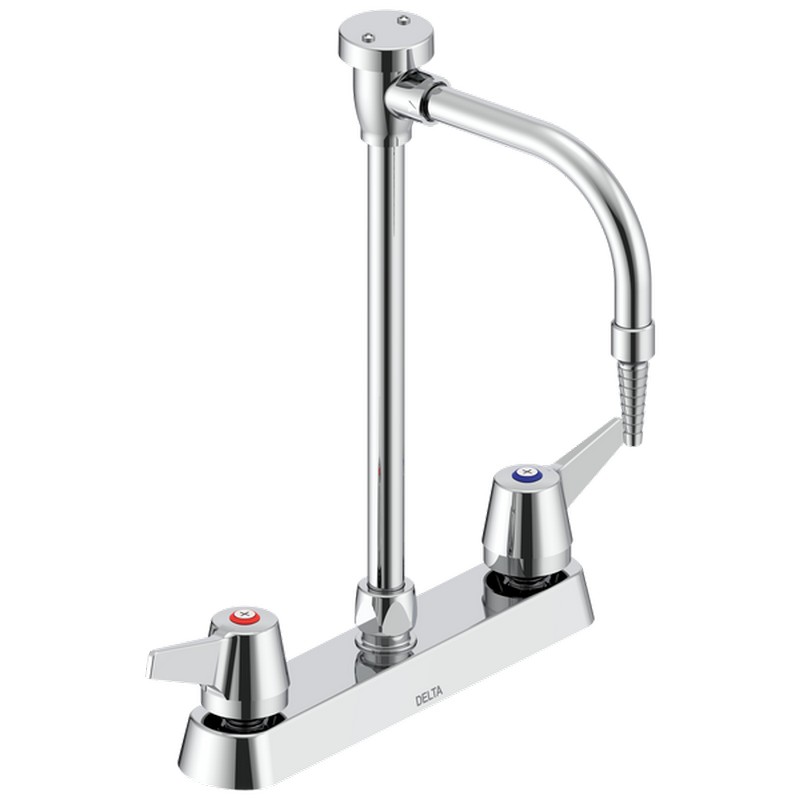 DELTA W6740-10-C COMMERCIAL 13 1/4 INCH TWO HOLE DECK MOUNT GOOSENECK LABORATORY MIXING FAUCET WITH ANGLE SPOUT AND TWO LEVER BLADE HANDLES - CHROME