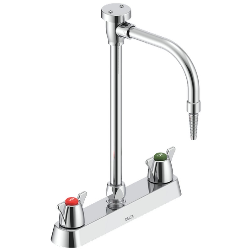 DELTA W6740-10 COMMERCIAL 13 1/4 INCH TWO HOLE DECK MOUNT GOOSENECK LABORATORY MIXING FAUCET WITH TWO LEVER BLADE HANDLES AND ANGLE SPOUT - CHROME