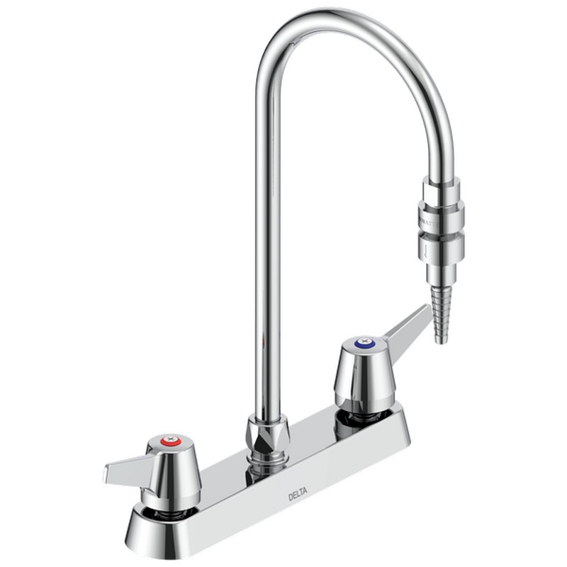 DELTA W6740-9-C COMMERCIAL 14 7/8 INCH TWO HOLE DECK MOUNT GOOSENECK LABORATORY MIXING FAUCET WITH SERRATED NOZZLE AND TWO LEVER BLADE HANDLES - CHROME