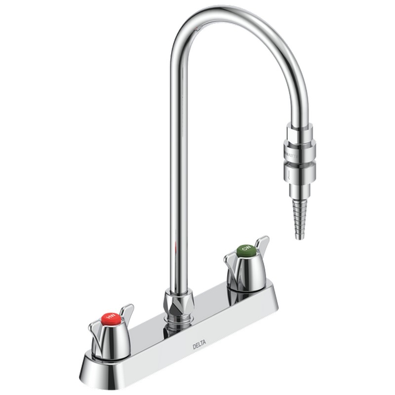 DELTA W6740-9 COMMERCIAL 14 7/8 INCH TWO HOLE DECK MOUNT GOOSENECK LABORATORY MIXING FAUCET WITH TWO LEVER BLADE HANDLES AND SERRATED NOZZLE - CHROME