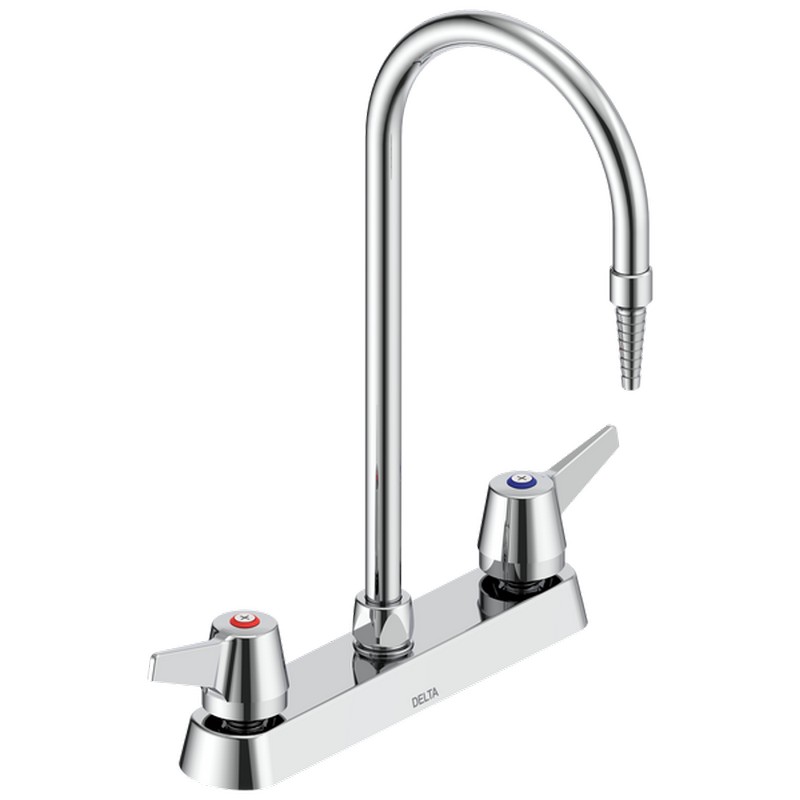 DELTA W6740-C COMMERCIAL 14 7/8 INCH TWO HOLE DECK MOUNT GOOSENECK LABORATORY FAUCET WITH TWO LEVER HANDLES AND SERRATED NOZZLE - CHROME