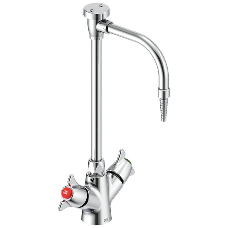 DELTA W6760-10 COMMERCIAL 15 1/2 INCH SINGLE HOLE DECK MOUNT GOOSENECK LABORATORY MIXING FAUCET WITH SERRATED NOZZLE AND TWO HANDLES - CHROME