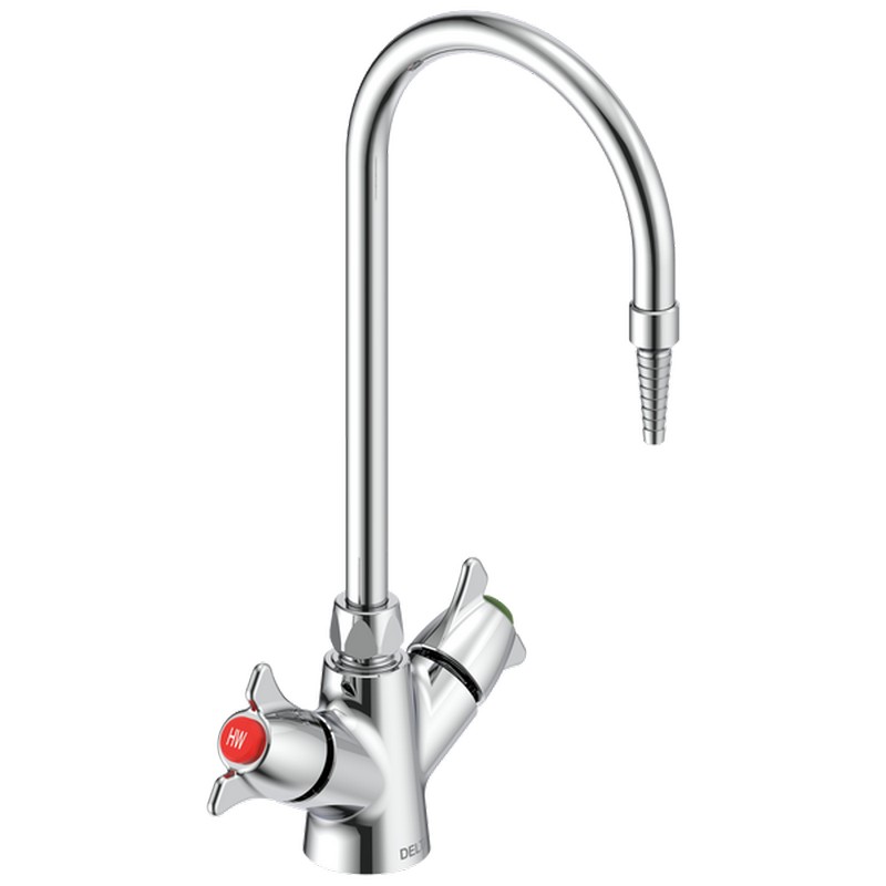 DELTA W6760 COMMERCIAL 15 1/2 INCH SINGLE HOLE DECK MOUNT GOOSENECK LABORATORY MIXING FAUCET WITH TWO HANDLES AND SERRATED NOZZLE - CHROME