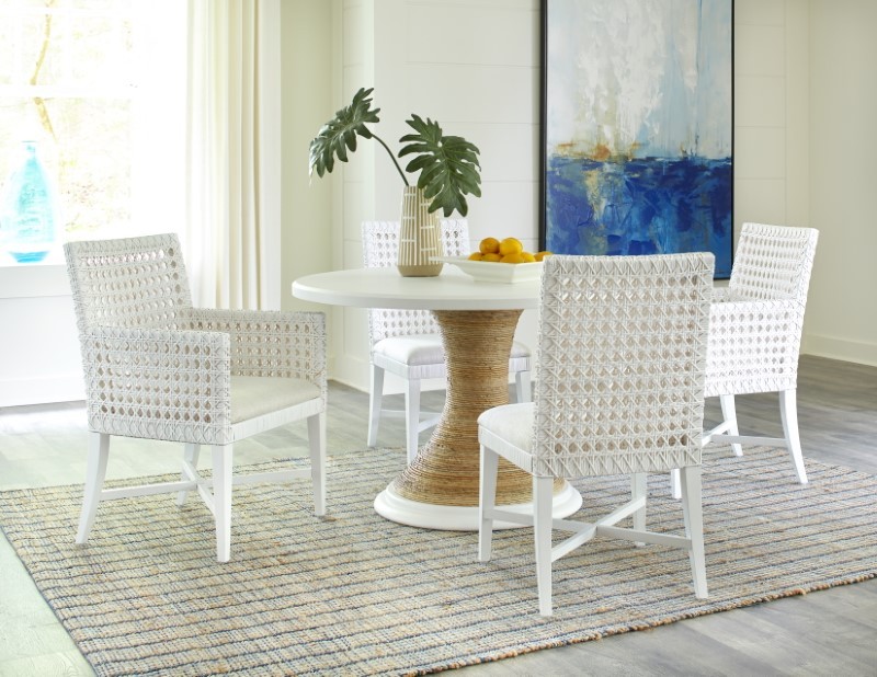 PANAMA JACK 150-650-632S-632A BOCA 48 INCH GRANDE ABACA ROUND 5-PIECE DINING SET WITH WHITE WOVEN CHAIRS - HIGH GLOSS WHITE