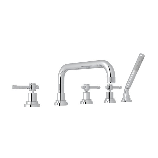 ROHL A3314IL CAMPO FIVE HOLE DECK MOUNTED TUB FILLER WITH DIVERTER, SINGLE FUNCTION BRASS HANDSHOWER AND INDUSTRIAL METAL LEVERS