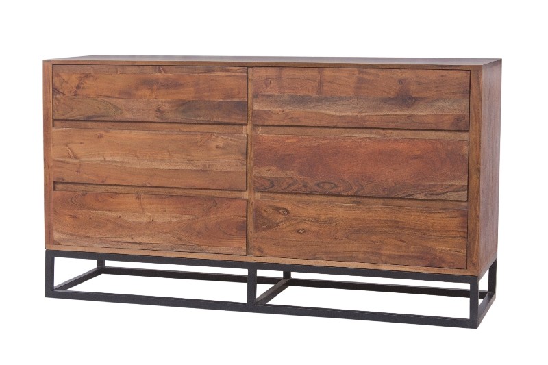 THE URBAN PORT UPT-182996 58 INCH MODERN ACACIA WOOD DRESSER OR DISPLAY UNIT WITH METAL BASE - LIGHT WALNUT BROWN AND BLACK