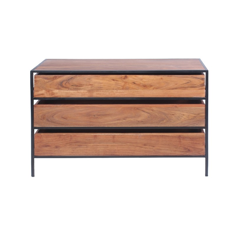 THE URBAN PORT UPT-183800 37 INCH SPACIOUS THREE DRAWER ACACIA WOOD CHEST WITH IRON FRAMEWORK - BROWN AND BLACK