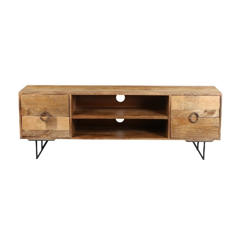 THE URBAN PORT UPT-195118 63 INCH MANGO WOOD TV CABINET WITH SPACIOUS STORAGE - NATURAL BROWN AND BLACK