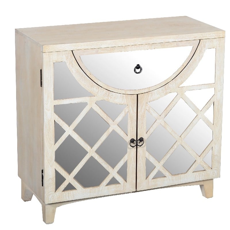 THE URBAN PORT UPT-195275 34 INCH MANGO WOOD CABINET WITH MIRRORED LOOK STEEL INSERT DOOR STORAGE - BEIGE AND BLACK