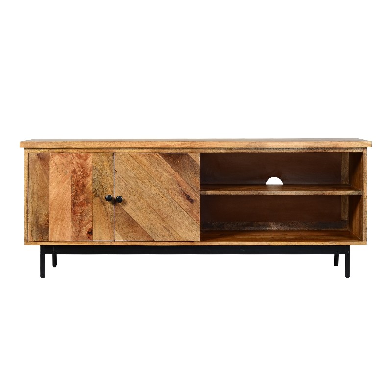 THE URBAN PORT UPT-195276 55 INCH MANGO WOOD TV STAND WITH TWO OPEN COMPARTMENTS - BROWN AND BLACK