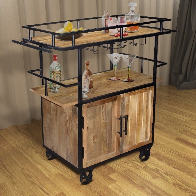 THE URBAN PORT UPT-197312 41 INCH WOOD AND METAL BAR CART WITH DOUBLE DOOR STORAGE AND CASTERS - BROWN AND BLACK