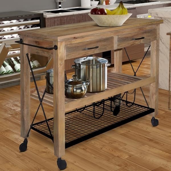 THE URBAN PORT UPT-197313 41 INCH TWO DRAWER WOODEN BAR CART WITH TWO SHELVES AND CASTERS SUPPORT - BROWN AND BLACK