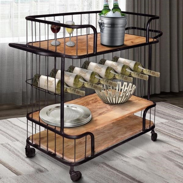 THE URBAN PORT UPT-197314 43 INCH METAL FRAME BAR CART WITH WOODEN TOP AND TWO SHELVES - BLACK AND BROWN